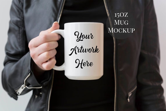 15oz Large Mug Mockup Woman Holding Mug Wearing Black 15oz Large Mug Mockup Woman Holding Mug Wearing Black