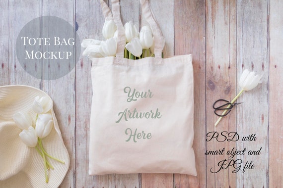 Tote Bag Mockup Straw Hat And White Tulips