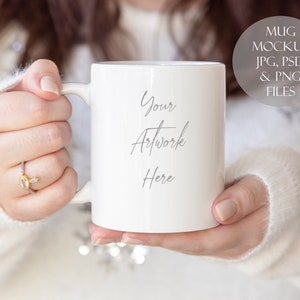 Mug Mockup, Woman holding mug JPG, PSD and PNG files