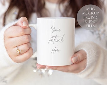 Mug Mockup, Woman holding mug JPG, PSD and PNG files
