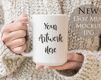 Photo for Mug Mockup, 15oz mug - large mug - Woman holding mug, winter mug display photo