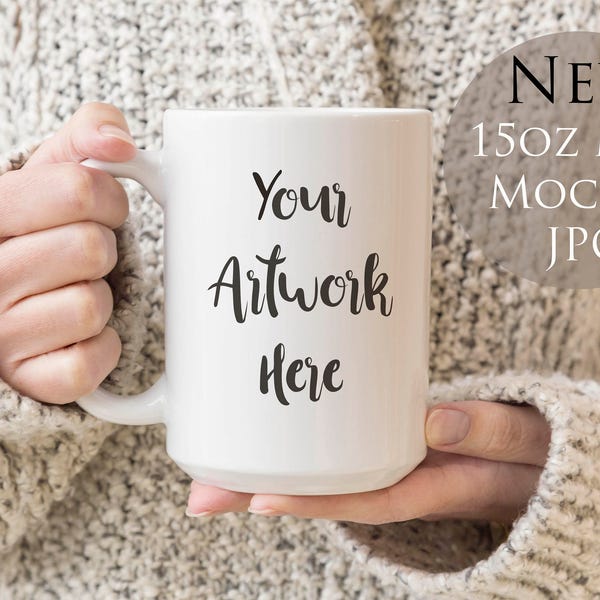 Photo for Mug Mockup, 15oz mug - large mug - Woman holding mug, winter mug display photo