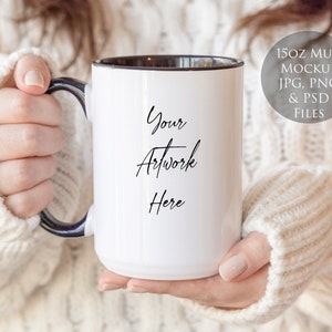 15oz Mug Mockup with black handle, Woman holding mug JPG, PSD and PNG files