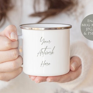 Enamel Mug Mockup - Woman holding mug - JPG, PSD & PNG files