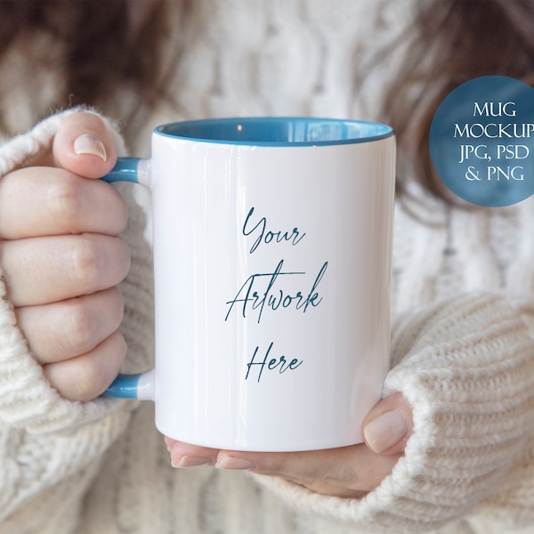 Mug with light blue handle Mockup - Neutral colors - whites -JPG file