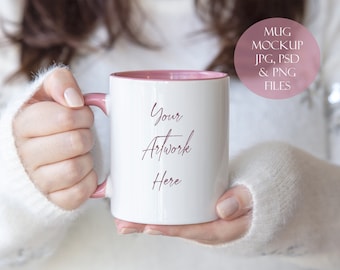 Mug Mockup with pink handle, Woman holding mug JPG, PSD and PNG files