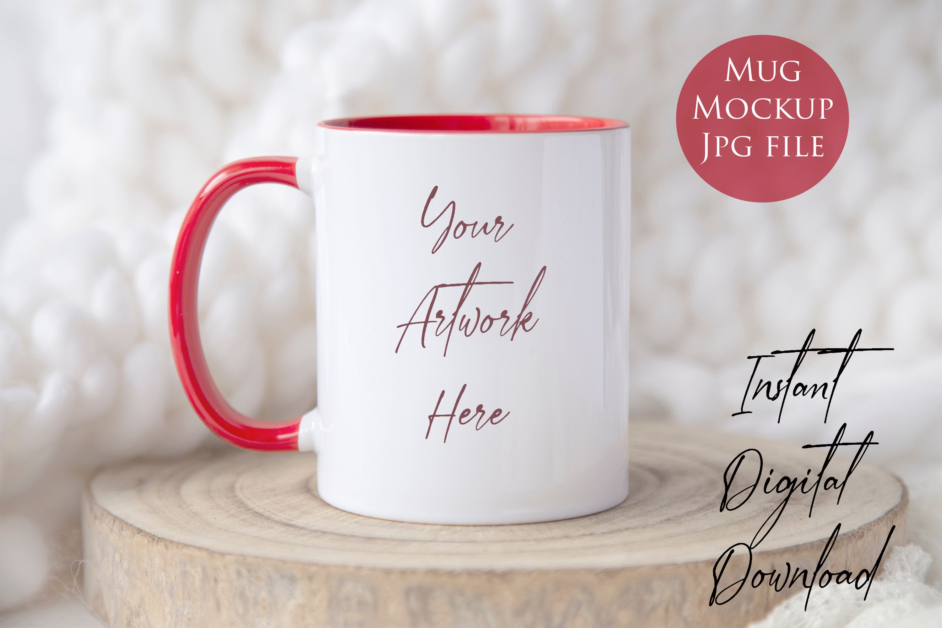 Tasse Mockup mit rotem Henkel - Neutrale Farben - Weiß - JPG Datei
