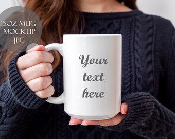 Photo for 15oz Mug Mockup, Woman holding mug, winter mug display photo