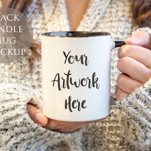 Photo for Black Handle Mug Mockup, Woman holding mug, winter mug display photo