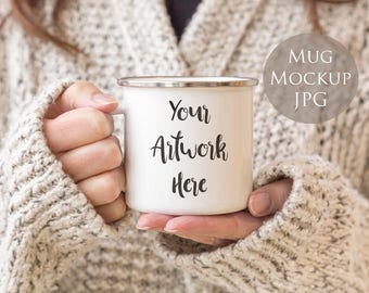 Photo for Mug Mockup, enamel mug -DIGITAL- Woman holding mug, winter mug display photo