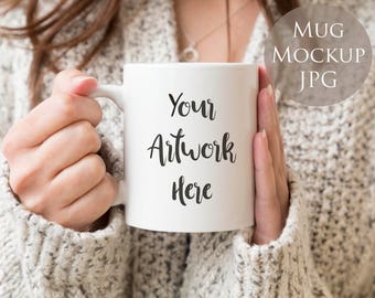 Photo for Mug Mockup, Woman holding mug, winter mug display photo