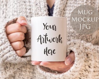 Mug Mockup Photo: Woman Holding Mug in Winter Jumper (JPEG)