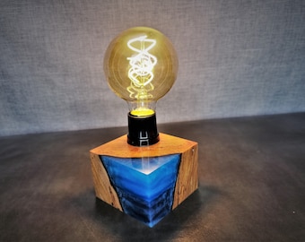 Live Edge Cherry and Blue Epoxy Resin Desk Lamp - Table Lamp - Night Light - Industrial lighting - Rustic Fixture