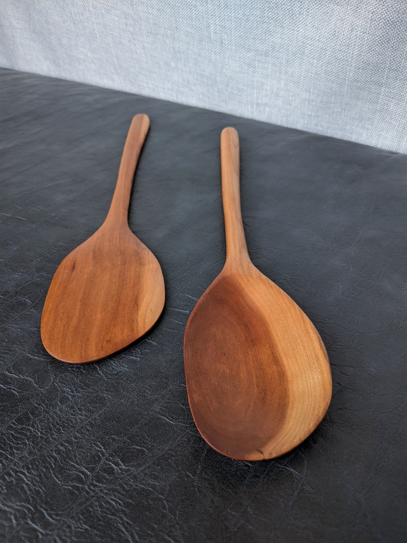 Hand Carved Cherry Wood Spoon and Spatula Set Wooden utensil set Kitchen tools Chef gift Wood Salad Tongs image 3