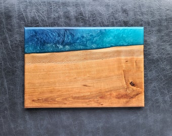 Live Edge Cherry Wood and Ocean Epoxy Charcuterie board - Blue resin Bora Bora and Deep Sea Blue Serving Board - Modern Cheese Board Gift