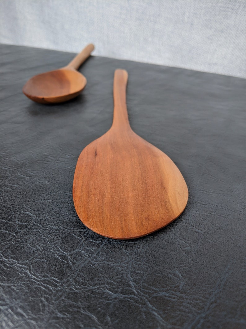 Hand Carved Cherry Wood Spoon and Spatula Set Wooden utensil set Kitchen tools Chef gift Wood Salad Tongs image 8