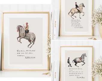 3er SET Kunstdrucke DinA5 Hintergrund reinweiss Karten Artprints Dekoration Bilder Reitkunst Stil Bild Deko Reiten Pferd