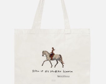 Bag, cleaning bag, shopping bag made of cotton with beautiful horse riding illustration and quote "Riding is like being able to do magic"