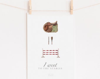 Fridge card "went to the stables" jumping DinA5 art print watercolor jumping saddle obstacle crop with text announcement card