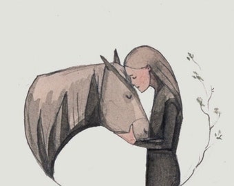 Mourning card 'Horse', DIN A 5 folding card with envelope, beige, loving folding card, delicate watercolor with quote