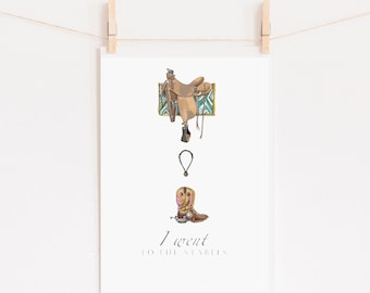 Western card DinA5 refrigerator "went to the stables" art print watercolor Western saddle Bosal Boots with text announcement card
