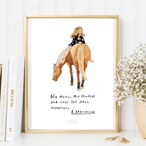 Tarjeta Din A 5 Póster con impresión artística "Freedom Dressage" Impresión artística en acuarela Haflinger con B. Branderup Cita: "Solo tenemos que hacer una cosa con los caballos...