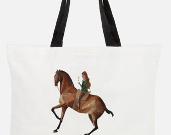 Bolsa de limpieza resistente bolsa de compras hecha de algodón con hermosa ilustración de arte ecuestre "Schulhalt" "Scoolhalt" arte ecuestre académico
