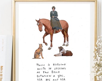 Card Din A 5 Artprint Poster Watercolor, Art Print Digital Print Horse Decoration Poster Riding Equestrian Art 'Bond between woman, horse and dog'