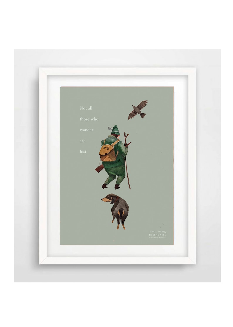 May include: A green and brown illustration of a person with a backpack and a dog walking with a stick. The text "Not all those who wander are lost" is written in white on a light green background.