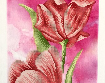Flowers - bead embroidery kit. Flower DIY beadwork kit. Hand embroidery beaded stitching. Floral 3D needlepoint tapestry handcraft.