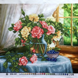 Roses on a table - bead embroidery kit. Flower DIY beadwork kit. Hand embroidery beaded stitching. Floral 3D needlepoint tapestry handcraft
