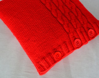 Red Cable Knitted Decorative Pillow Case with three buttons. Home sofa decor. Cushion Pillow Cover. 16×16" Acrylic.