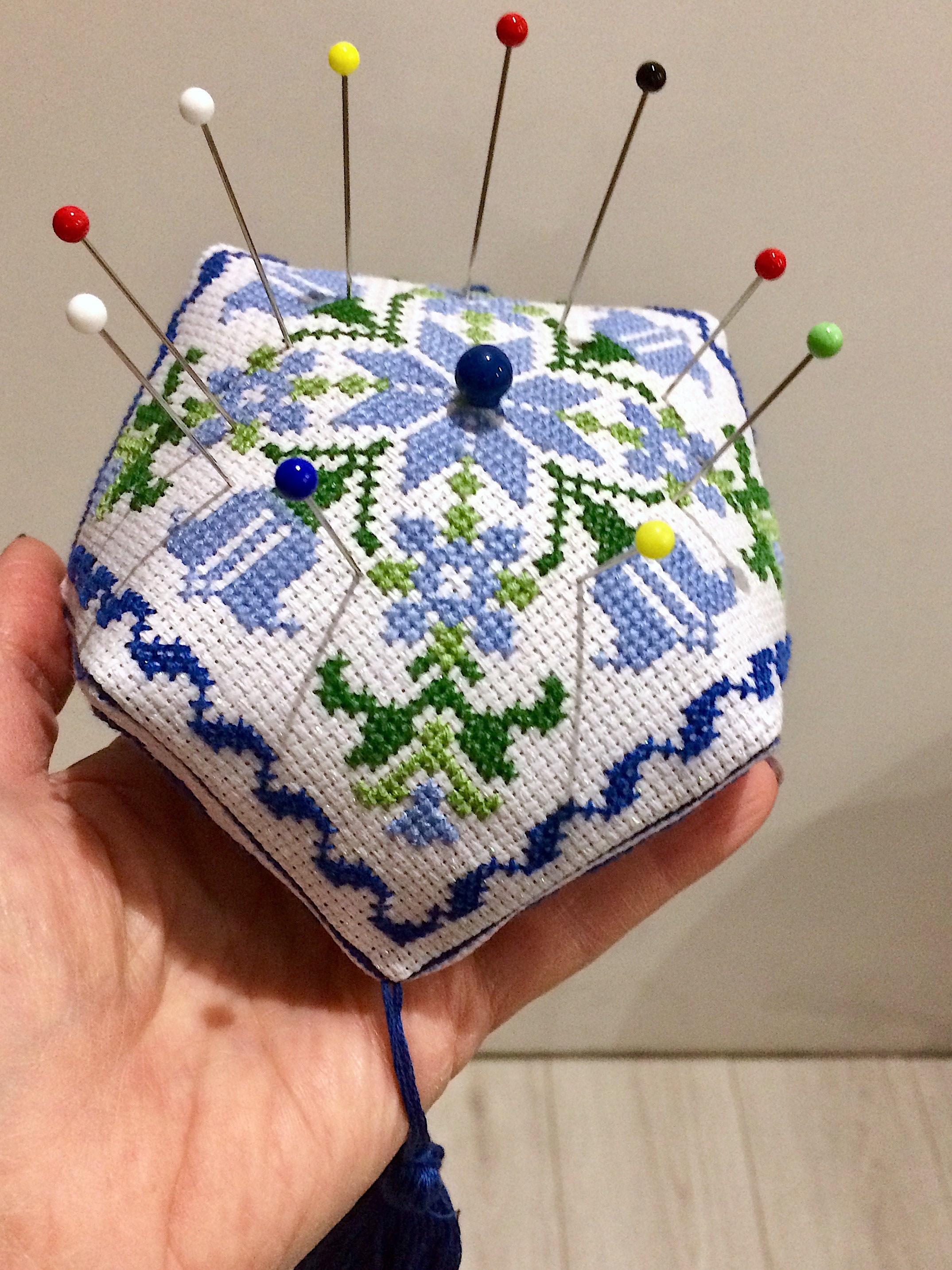 Handmade Needle Cushion With Cross Stitch Pattern. Punch Needle Pillow