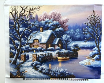 May include: A snowy winter scene with a small cottage, a river, and trees. The cottage has a lit window and a snow-covered roof. The river is frozen over in some areas. The trees are bare and covered in snow.