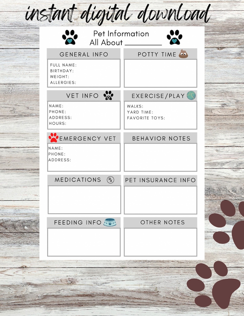 Printable Pet Care Information Sheet Pet Care Instructions Etsy Printable Pet Care Information Sheet Pet Care Instructions Etsy