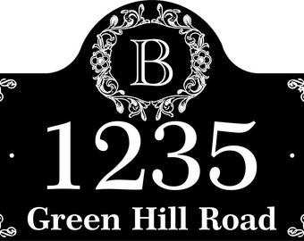 Personalized House Address Sign - Custom Address Plaque With House Number, Street Name, and Initial Letter Monogram At Top