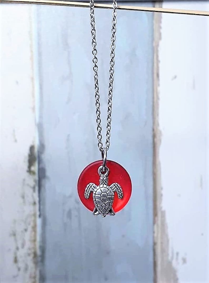 Stainless Steel Sea Turtle Jewelry Green Sea Glass Sea Turtle Necklace Beach Glass Sea Glass Jewelry Christmas Turtle Necklace