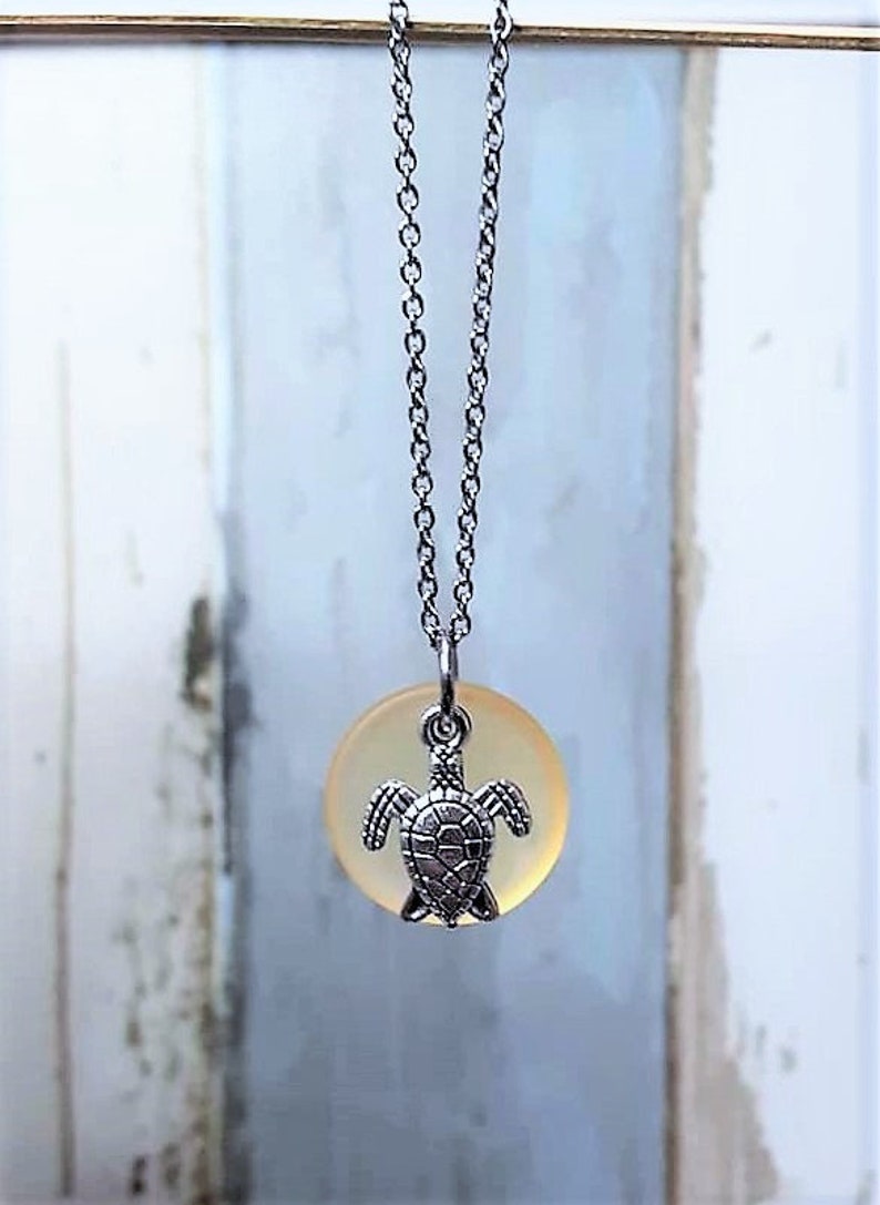 Stainless Steel Sea Turtle Jewelry Green Sea Glass Sea Turtle Necklace Beach Glass Sea Glass Jewelry Christmas Turtle Necklace