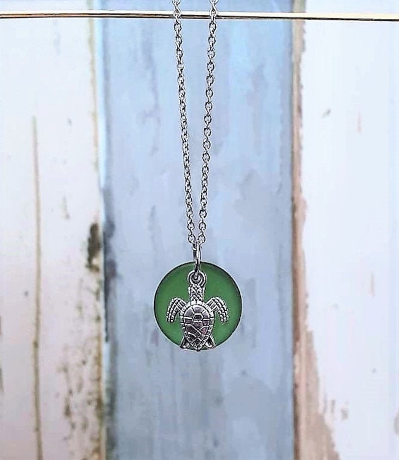 Stainless Steel Sea Turtle Jewelry Green Sea Glass Sea Turtle Necklace Beach Glass Sea Glass Jewelry Christmas Turtle Necklace