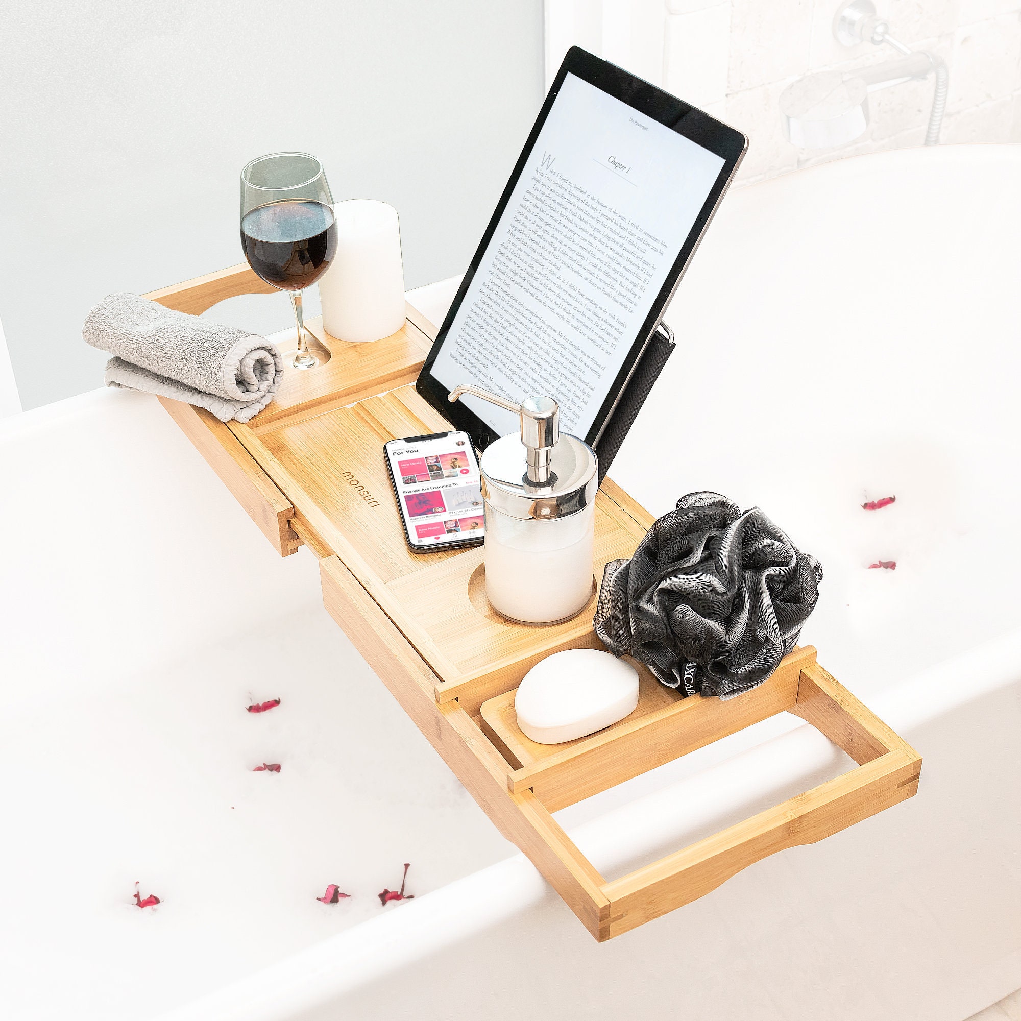Wood Color DriSubt Bamboo Wood Bathroom Tub Rack Storage Shelf Caddy Tray Home Spa Bamboo Wood Over Tub Rack Built-in Holder for Book Tablet Phone Glass Candle Non Slip Bath Caddy Bridge 