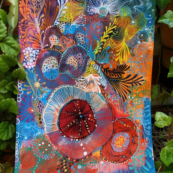 Decorative painting, intuitive art, painting made with Poscas and acrylic paint titled "Spinning"