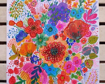 Oeuvre originale réalisée aux feutres acryliques et peinture acrylique sur papier 300g intitulée "Fleur".