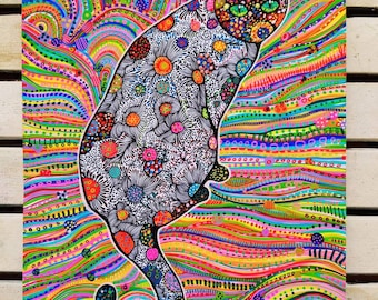 Original Cat, drawing, handmade, original acrylic painting modern art, hippie art, fine art, line art, colorful, acrylic painting, original.