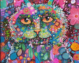 Chat original, dessin, fait à la main, acrylique original, peinture de chat art moderne, art hippie, beaux-arts, dessin au trait, coloré, peinture acrylique, original.