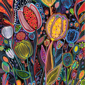 Originalgemälde mit dem Titel „Tulpengarten“ 21 x 29'7 cm auf schwarzem Papier