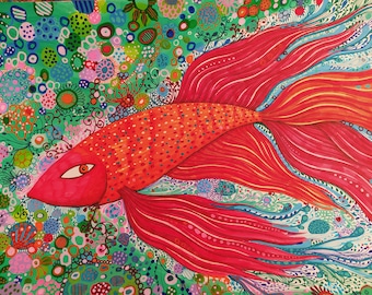 Fish Original artwork, original painting, acrylic painting, acrylic markers, gift, line and color drawing, home decor, contemporary art