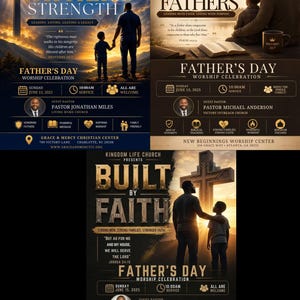 Puede incluir: Una colección de folletos para la celebración del Día del Padre. Cada uno presenta una silueta de padre e hijo, con texto que incluye detalles del evento, nombres de iglesias y citas inspiradoras. La combinación de colores es una mezcla de oro, azul y negro.