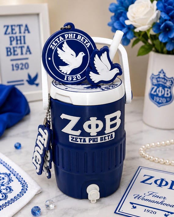 Zeta Phi Beta Inspired Cooler Koozie Set | Blue & White Can Cooler | Straw, Straw Decor | Tab Opener | Optional Keychains