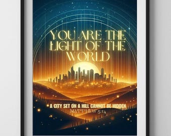 Matthew 5:14 Wall Art - &#39;You Are the Light of the World&#39; Scripture Printable - Christian City on a Hill Bible Verse - Digital Download