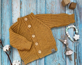 knit chunky sweater, unisex kids outfit, soft hand knitted sweater, knit baby sweater, mustard baby cardigan, wool knits, alpaca mix